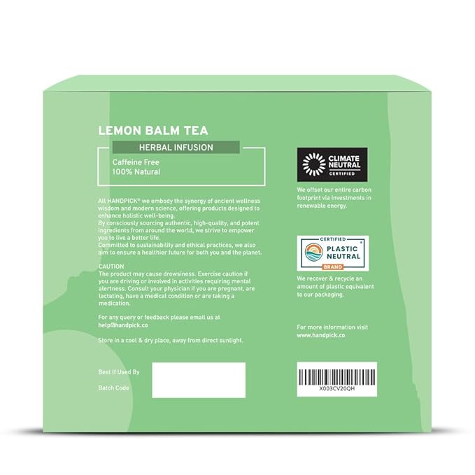 HANDPICK Lemon Balm Tea Bags – 100 Count | Caffeine-Free Herbal Tea with Citrus Flavor & Aroma | Pure Lemon Balm Leaves