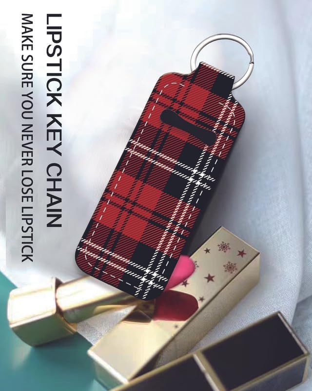 Chapstick Holder Keychain Holder Neoprene Lip Balm Lipstick Lip Gloss Holder Travel Accessory for Girls Women Gift(Black Red Plaid)