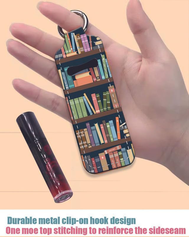 Chapstick Holder Keychain Holder Neoprene Lip Balm Lipstick Lip Gloss Holder Travel Accessory for Girls Women Gift(Book Library)