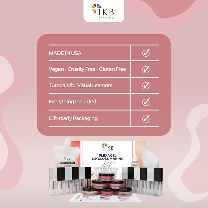 TKB Flexagel DIY Lip Gloss Making Kit| Make Your Own Lip Gloss| Moisturizing, High Shine, Crystal Clear| Vegan, Gluten and Cruelty free| Made in USA