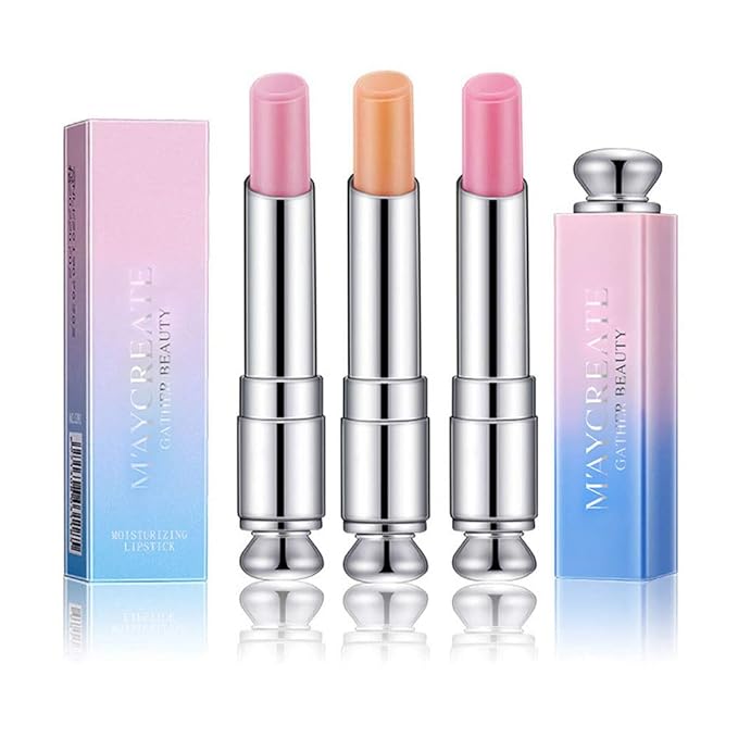 3 Pcs Color Changing Change Lipstick Lip Balm, Korean Magic Lipstick Color Change Changing Lip Tint Tinted Stain Gloss Balm Long Lasting Waterproof Moisturizer Jelly Crystal Lipstick Set for Women