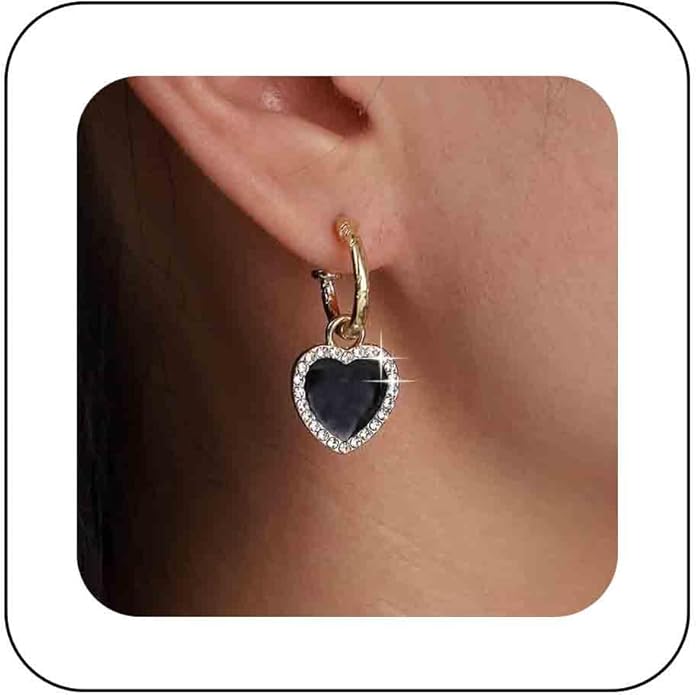 Vintage Crystal Heart Drop Earrings Black Heart Onyx