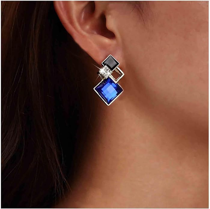 Vintage Crystal Square Drop Earrings Black Square Stud
