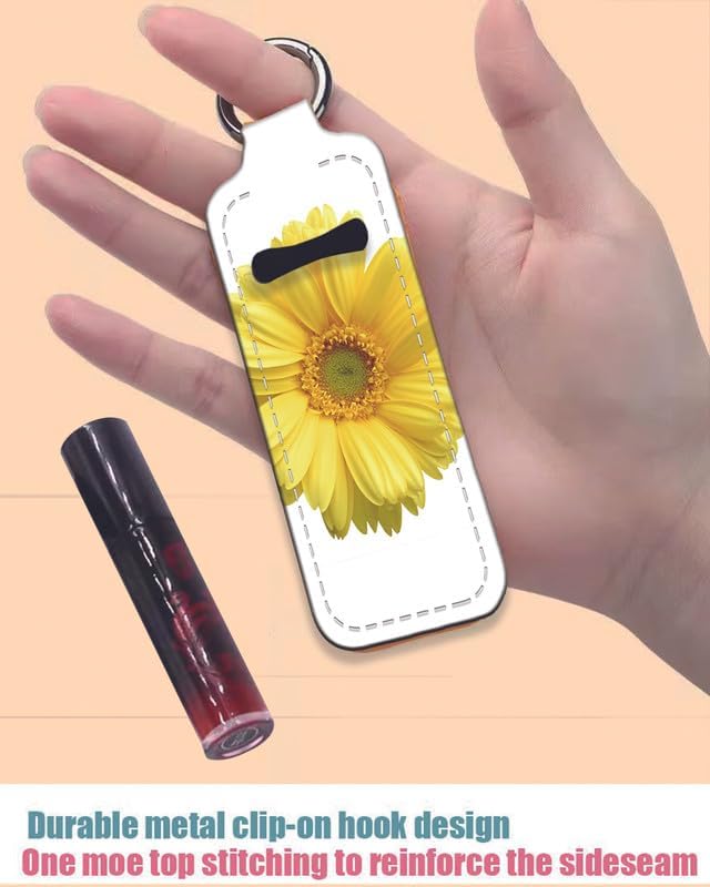 Chapstick Holder Keychain Holder Neoprene Lip Balm Lipstick Lip Gloss Holder Travel Accessory for Girls Women Gift(Yellow Daisy)
