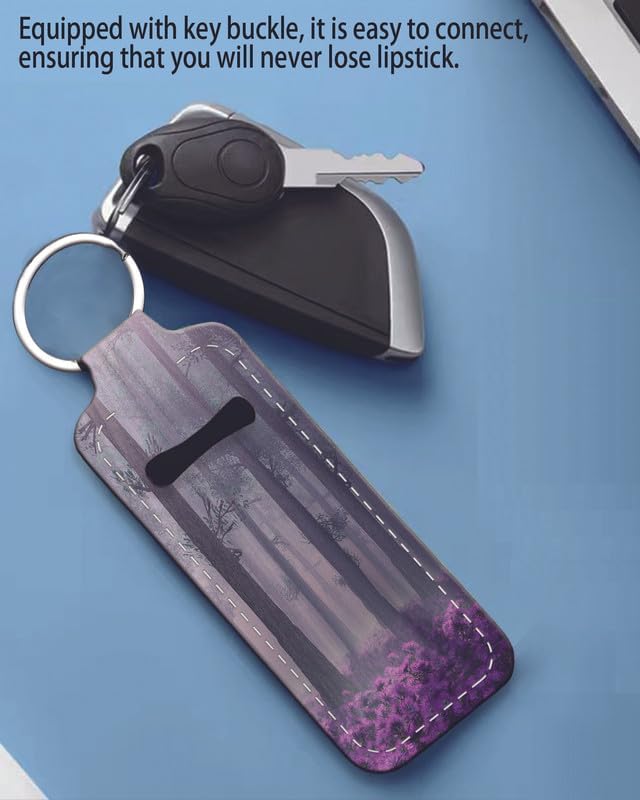 Chapstick Holder Keychain Holder Neoprene Lip Balm Lipstick Lip Gloss Holder Travel Accessory for Girls Women Gift(Purple Misty Forest)