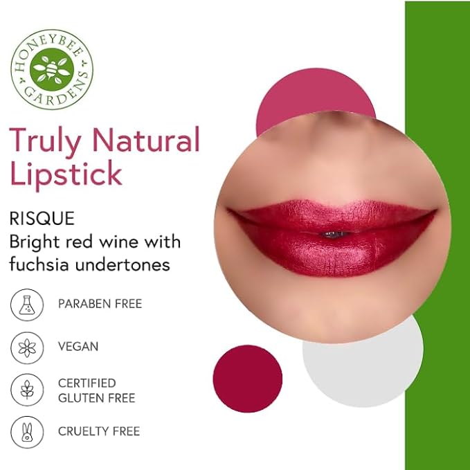 Honeybee Gardens Truly Natural Long Lasting Lipstick, Risque, Medium to Deep Red Wine, Naturally Hydrating & Nourishing, Vegan, Gluten-Free & Cruelty-Free, 0.13 oz / 3.8 g