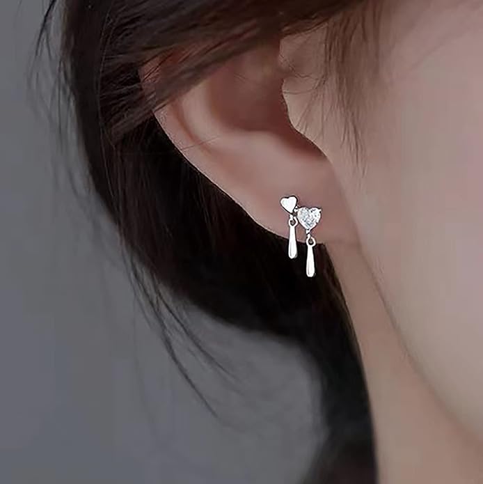 Vintage Crystal Heart Drop Earrings Silver