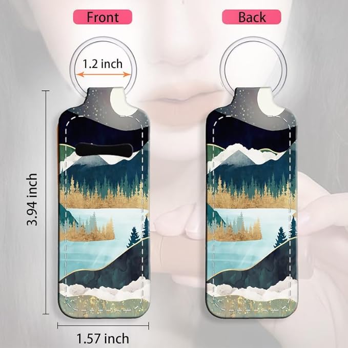 Chapstick Holder Keychain Holder Neoprene Lip Balm Lipstick Lip Gloss Holder Travel Accessory for Girls Women Gift(Forest Mountain Moon)