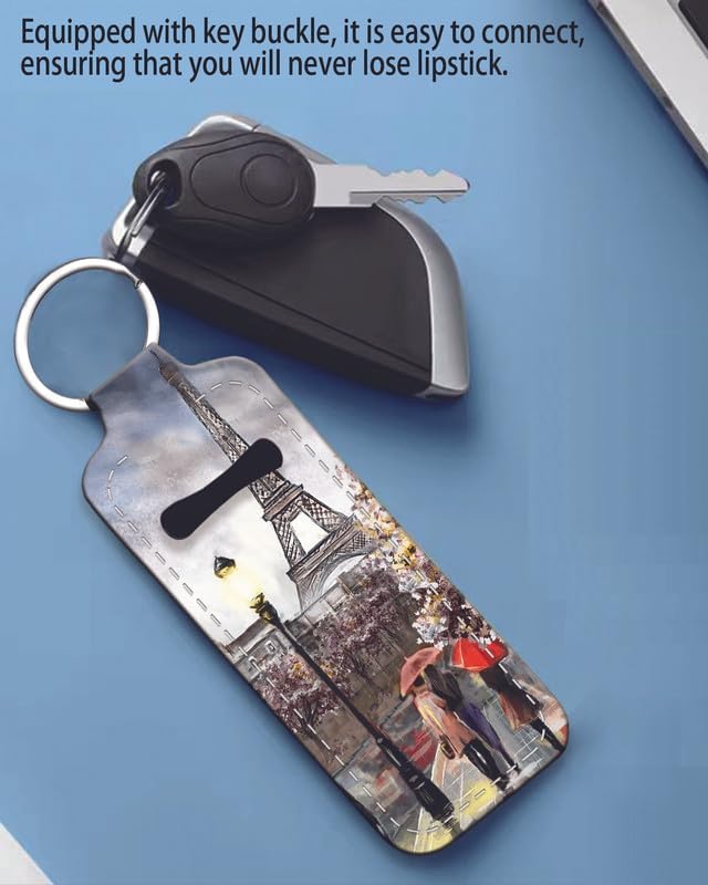 Chapstick Holder Keychain Holder Neoprene Lip Balm Lipstick Lip Gloss Holder Travel Accessory for Girls Women Gift(Oil painting Paris)
