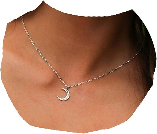 Boho Rhinestone Moon Necklace CZ Crescent