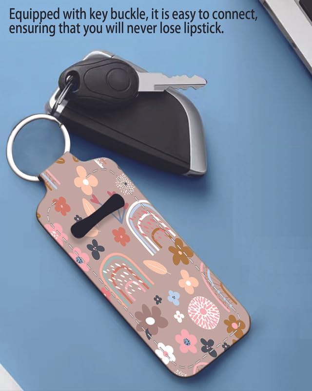 Chapstick Holder Keychain Holder Neoprene Lip Balm Lipstick Lip Gloss Holder Travel Accessory for Girls Women Gift(Cute Rainbow Flower)