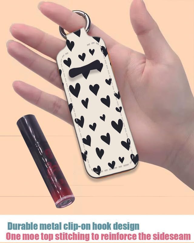 Chapstick Holder Keychain Holder Neoprene Lip Balm Lipstick Lip Gloss Holder Travel Accessory for Girls Women Gift(Beige Love Heart)