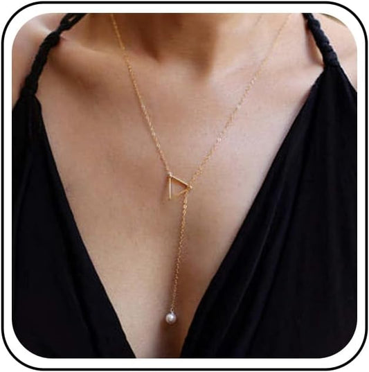 Boho Pearl Triangle Necklace Gold Y