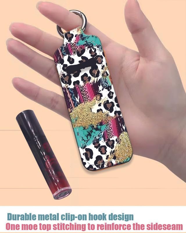 Chapstick Holder Keychain Holder Neoprene Lip Balm Lipstick Lip Gloss Holder Travel Accessory for Girls Women Gift(Turquoise Leopard)