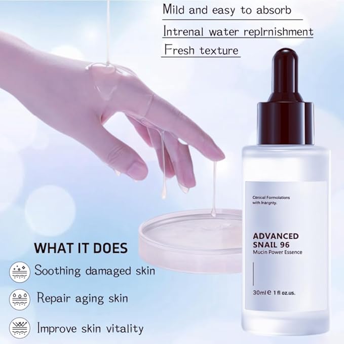 96 Snail Slime Facial Repair Serum, Facial Moisturizing Essence, Snail Secrete Filtrate for Darkening Skin and Fine Lines, Reducing Acne,Anti-aging Facial Serum 30ML