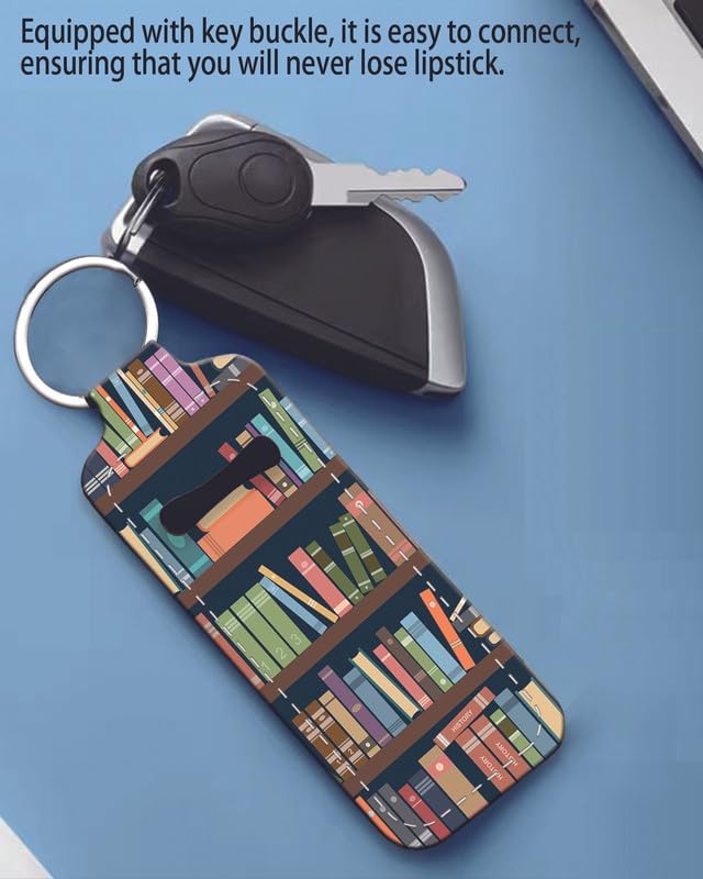 Chapstick Holder Keychain Holder Neoprene Lip Balm Lipstick Lip Gloss Holder Travel Accessory for Girls Women Gift(Book Library)