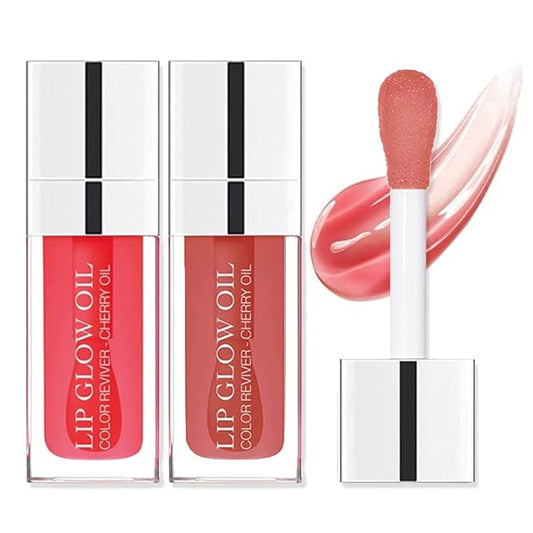 Charm Kiss 2 Colors Hydrating Lip Oil Plumping Lip Tint Moisturizing Lip Gloss, Plump Lip Gloss Lip Care Transparent Toot Lip Oil Tinted, Glass Lip Glow Oil Fresh Texture, Long Lasting Nourishing