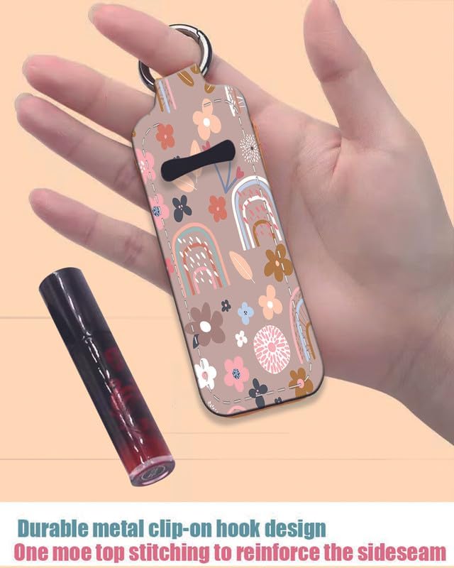 Chapstick Holder Keychain Holder Neoprene Lip Balm Lipstick Lip Gloss Holder Travel Accessory for Girls Women Gift(Cute Rainbow Flower)