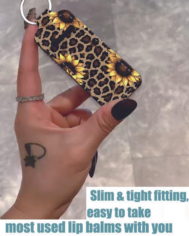 Chapstick Holder Keychain Holder Neoprene Lip Balm Lipstick Lip Gloss Holder Travel Accessory for Girls Women Gift(Sunflower Leopard)