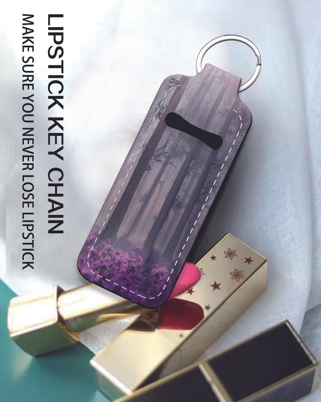 Chapstick Holder Keychain Holder Neoprene Lip Balm Lipstick Lip Gloss Holder Travel Accessory for Girls Women Gift(Purple Misty Forest)