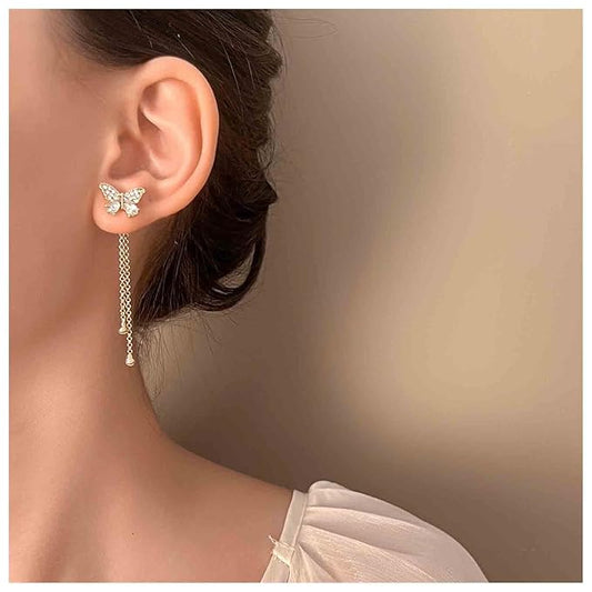 Vintage Crystal Butterfly Stud Earrings Gold Long Chain