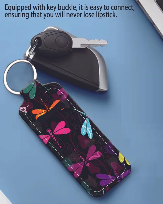 Chapstick Holder Keychain Holder Neoprene Lip Balm Lipstick Lip Gloss Holder Travel Accessory for Girls Women Gift(Colorful Dragonfly)