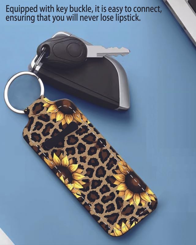 Chapstick Holder Keychain Holder Neoprene Lip Balm Lipstick Lip Gloss Holder Travel Accessory for Girls Women Gift(Sunflower Leopard)