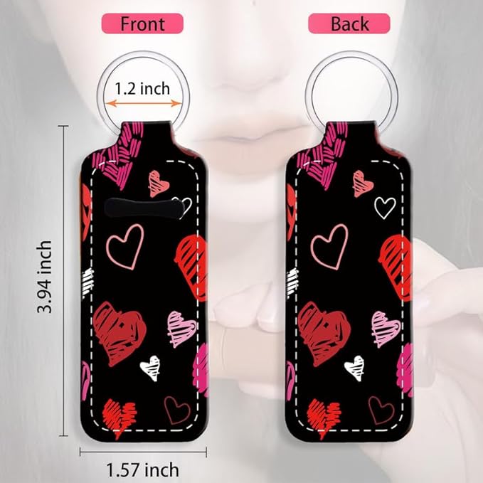 Chapstick Holder Keychain Holder Neoprene Lip Balm Lipstick Lip Gloss Holder Travel Accessory for Girls Women Gift(Red Heart)