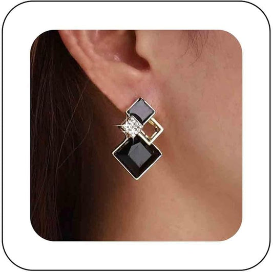 Vintage Crystal Square Drop Earrings Black Square Stud
