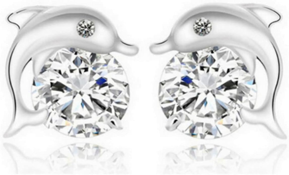 Silver Dolphin CZ Earrings Cute Animal
