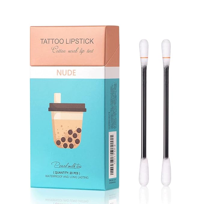 20Pcs Tattoo Lipstick Cotton Swab, Waterproof Non-Stick Tattoo Lipstick Cotton Swab Lip Tint, Long Lasting Lip Gloss Cotton Swab Matte (Nude)