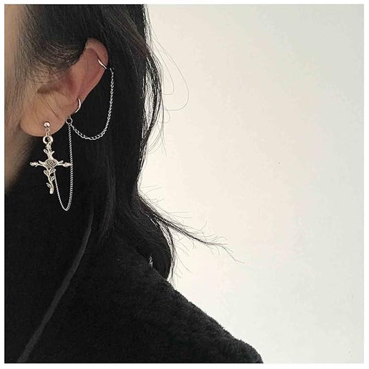 Cross Chain Cuff Earrings Silver Cross