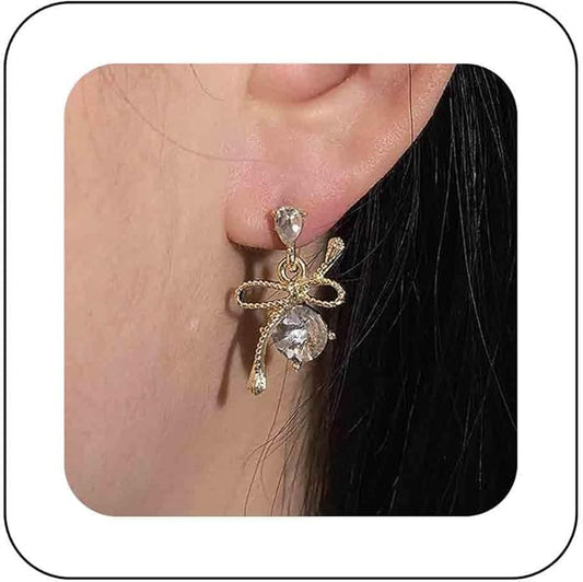 Vintage Rhinestone Bow Drop Earrings Gold Teardrop Crystal