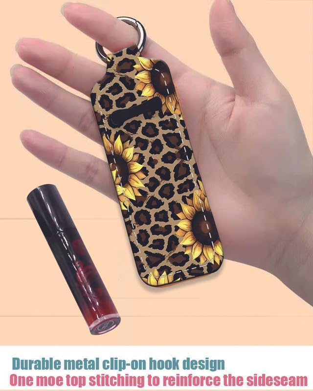 Chapstick Holder Keychain Holder Neoprene Lip Balm Lipstick Lip Gloss Holder Travel Accessory for Girls Women Gift(Sunflower Leopard)
