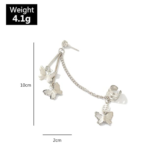 Silver Butterfly Chain Tassel Cuff Earrings