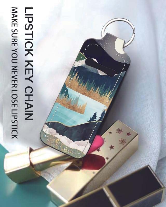 Chapstick Holder Keychain Holder Neoprene Lip Balm Lipstick Lip Gloss Holder Travel Accessory for Girls Women Gift(Forest Mountain Moon)