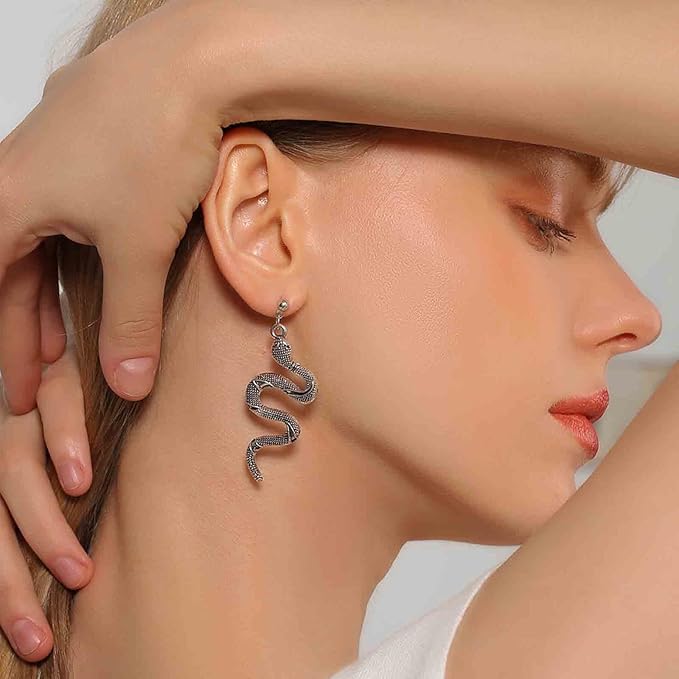 Punk Snake Earrings Silver Snake Dangle Earrings Serpent