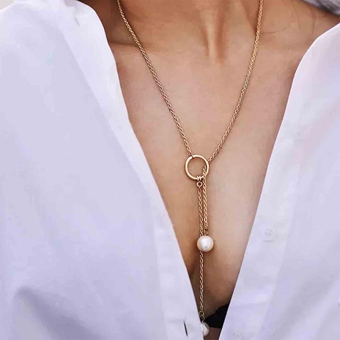 Boho Pearl Lariat Necklace Gold Chunky Chain Y