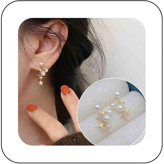 Vintage Pearl Star Earrings Rhinestone Pearl Drop Earrings