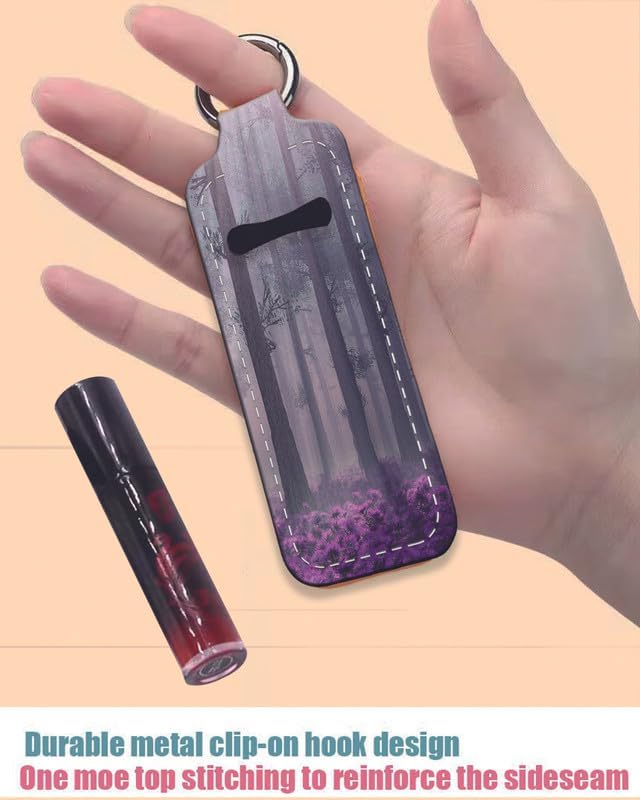 Chapstick Holder Keychain Holder Neoprene Lip Balm Lipstick Lip Gloss Holder Travel Accessory for Girls Women Gift(Purple Misty Forest)