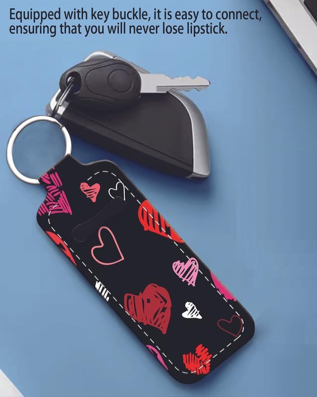 Chapstick Holder Keychain Holder Neoprene Lip Balm Lipstick Lip Gloss Holder Travel Accessory for Girls Women Gift(Red Heart)