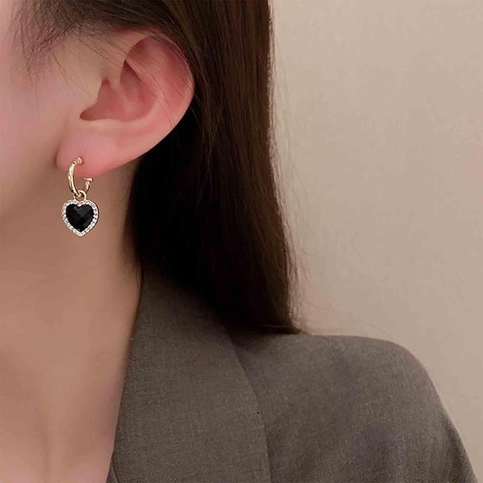 Vintage Crystal Heart Drop Earrings Black Heart Onyx