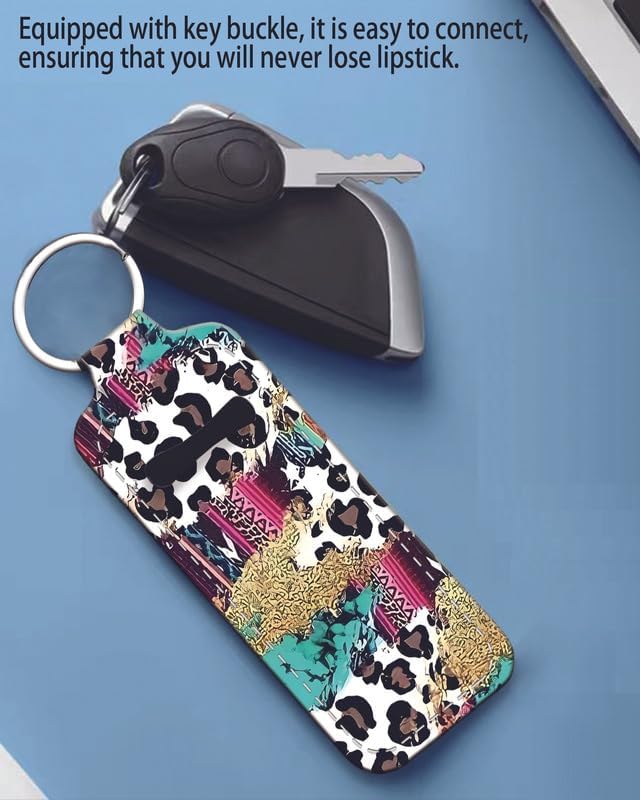 Chapstick Holder Keychain Holder Neoprene Lip Balm Lipstick Lip Gloss Holder Travel Accessory for Girls Women Gift(Turquoise Leopard)