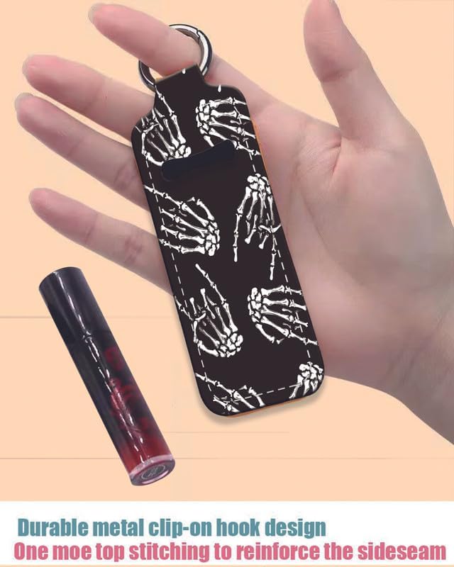 Chapstick Holder Keychain Holder Neoprene Lip Balm Lipstick Lip Gloss Holder Travel Accessory for Girls Women Gift(Skeleton Skull Hand)