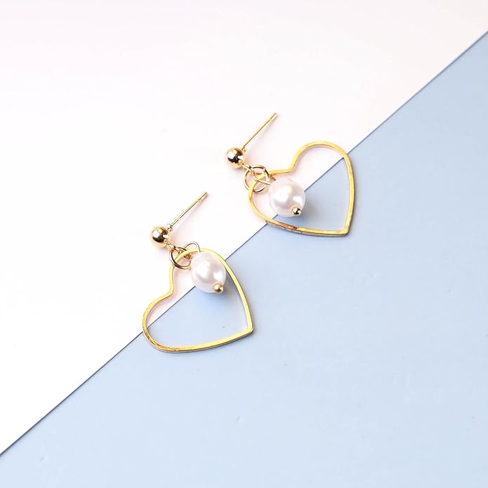 Boho Tiny Pearl Heart Drop Earrings