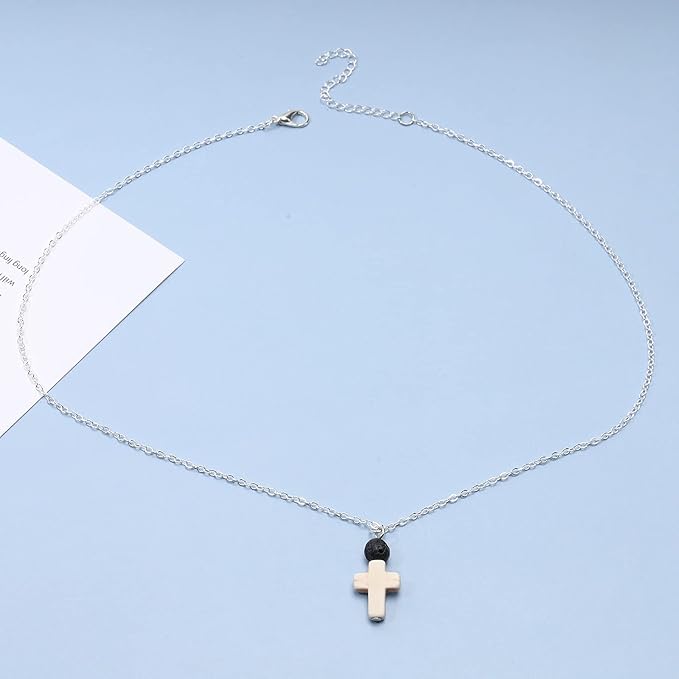 Boho Cross Pendant Necklace Black Lava