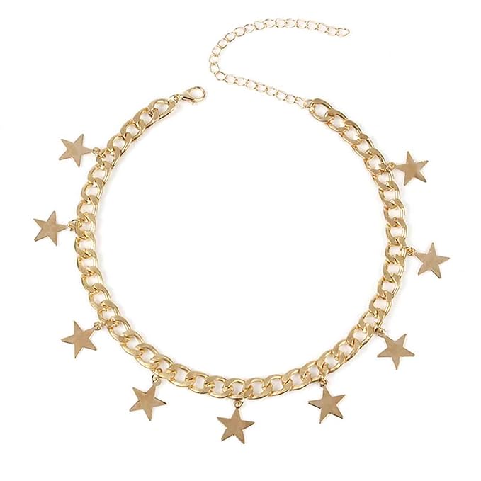 Boho Star Dangle Choker Necklace Gold Chunky Curb