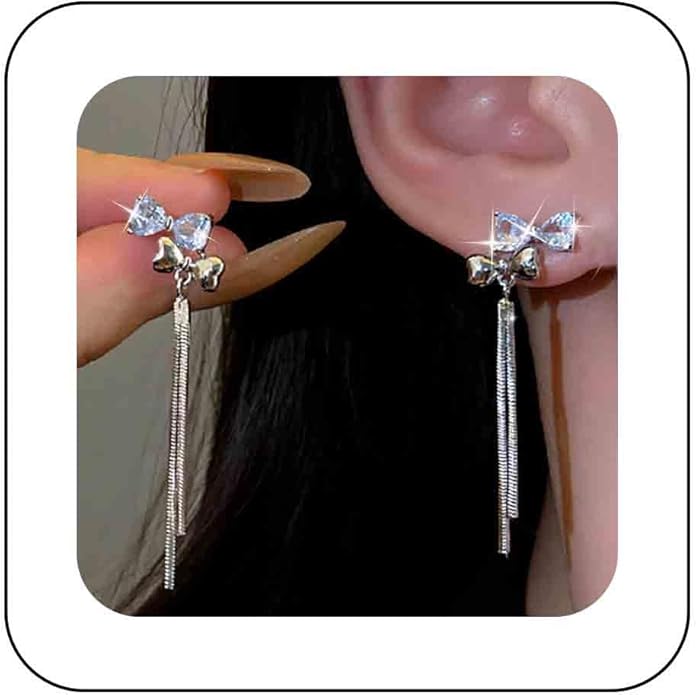 Vintage Crystal Bow Chain Drop Earrings Rhinestone Heart