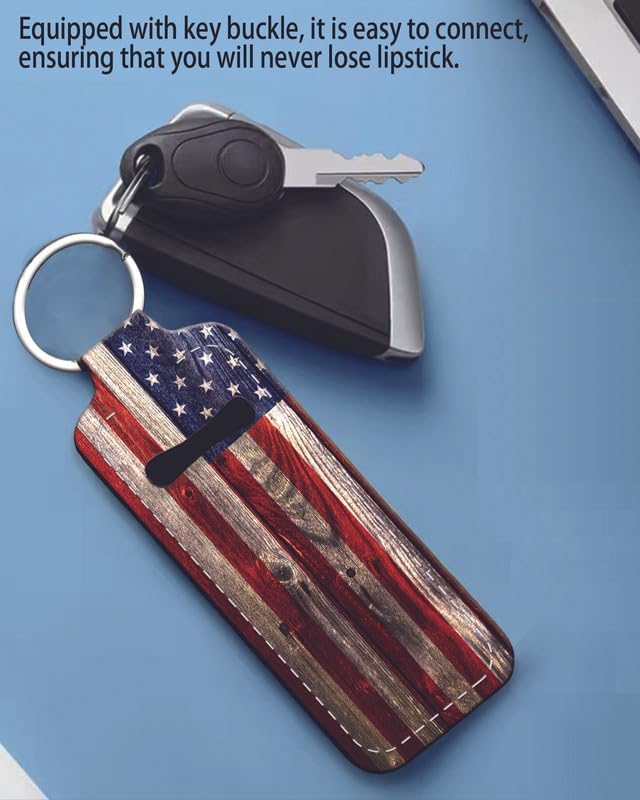 Chapstick Holder Keychain Holder Neoprene Lip Balm Lipstick Lip Gloss Holder Travel Accessory for Girls Women Gift(Retro Wood American Flag)