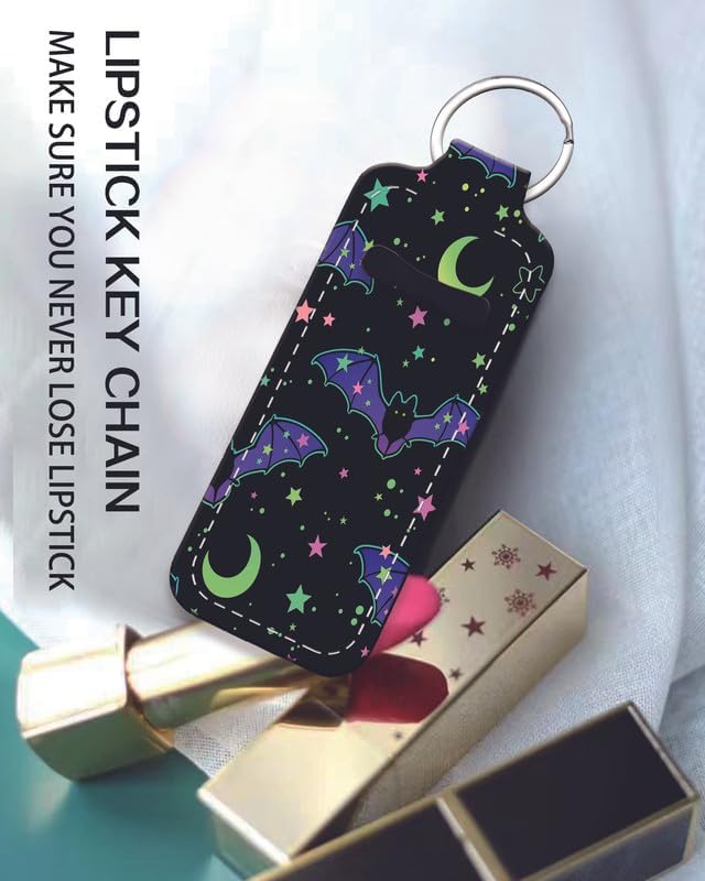 Chapstick Holder Keychain Holder Neoprene Lip Balm Lipstick Lip Gloss Holder Travel Accessory for Girls Women Gift(Purple Bats Moon)